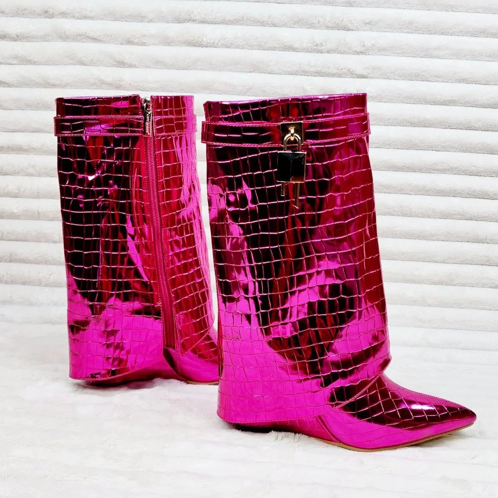 What A Vision Metallic Hot Pink Wedge Heel Fold Over Skirted Ankle Boots